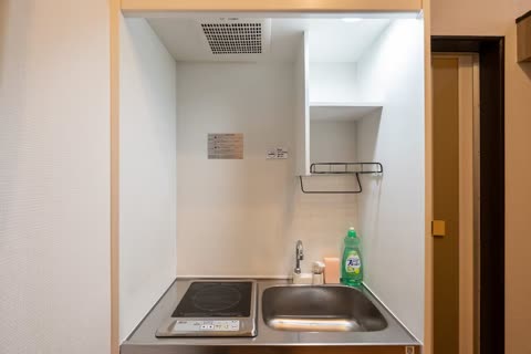 A compact kitchenette with an induction cooktop and a metal sink is built into a small, white-walled alcove.