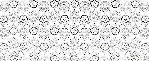 Repeating pattern of stylized flowers and bursts on a white background.
