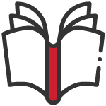 Open book with red spine showing multiple pages.