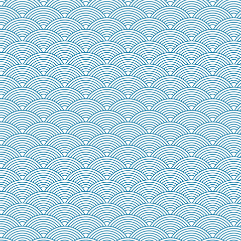 A seamless geometric pattern of overlapping blue concentric semi-circles on a white background.