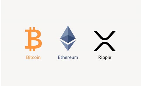The cryptocurrency logos for Bitcoin, Ethereum, and Ripple are displayed in a row on a plain background.
